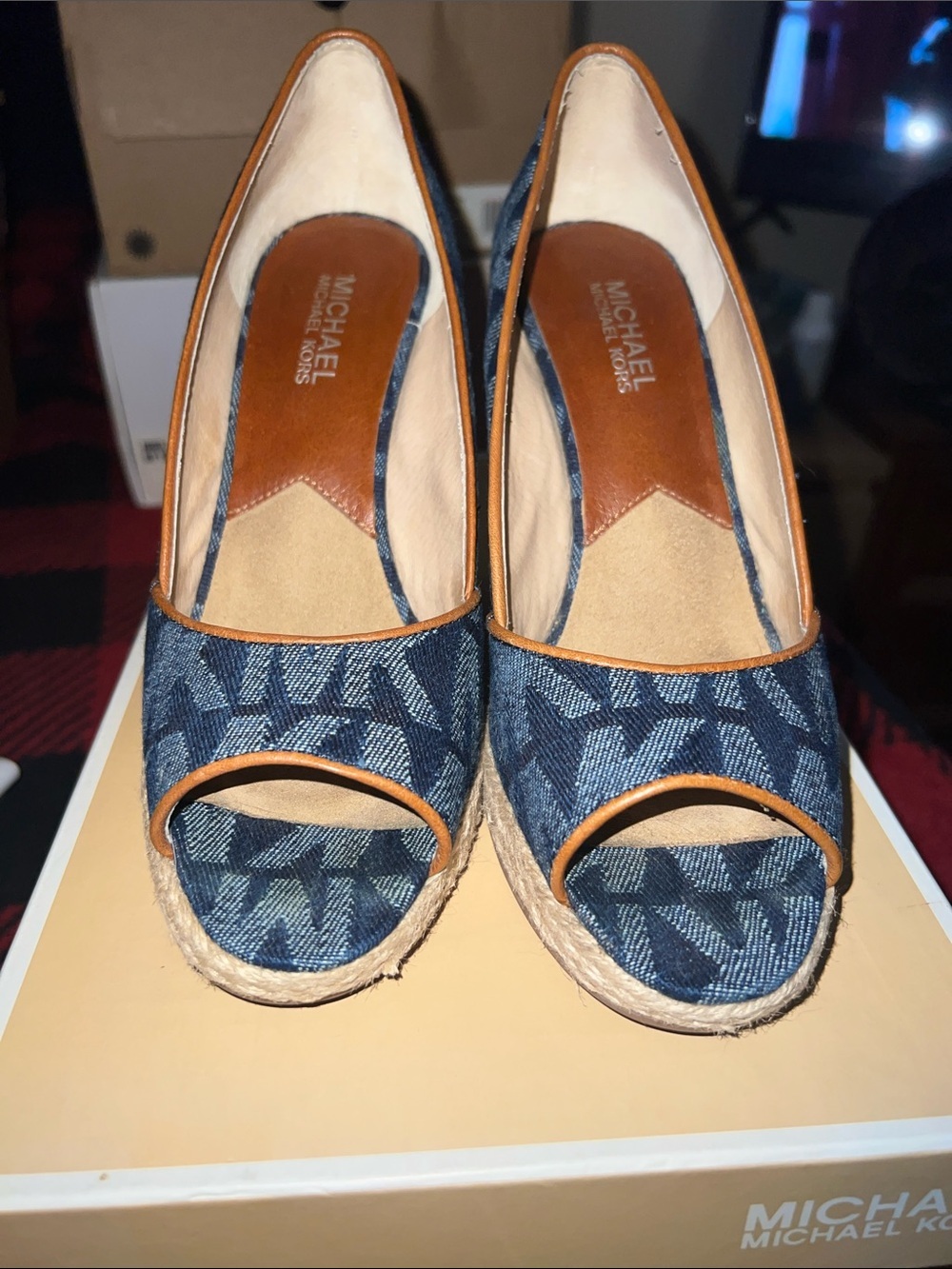 Michael Kors Navy Denim Logo Espadrille Wedge with Tan Trim